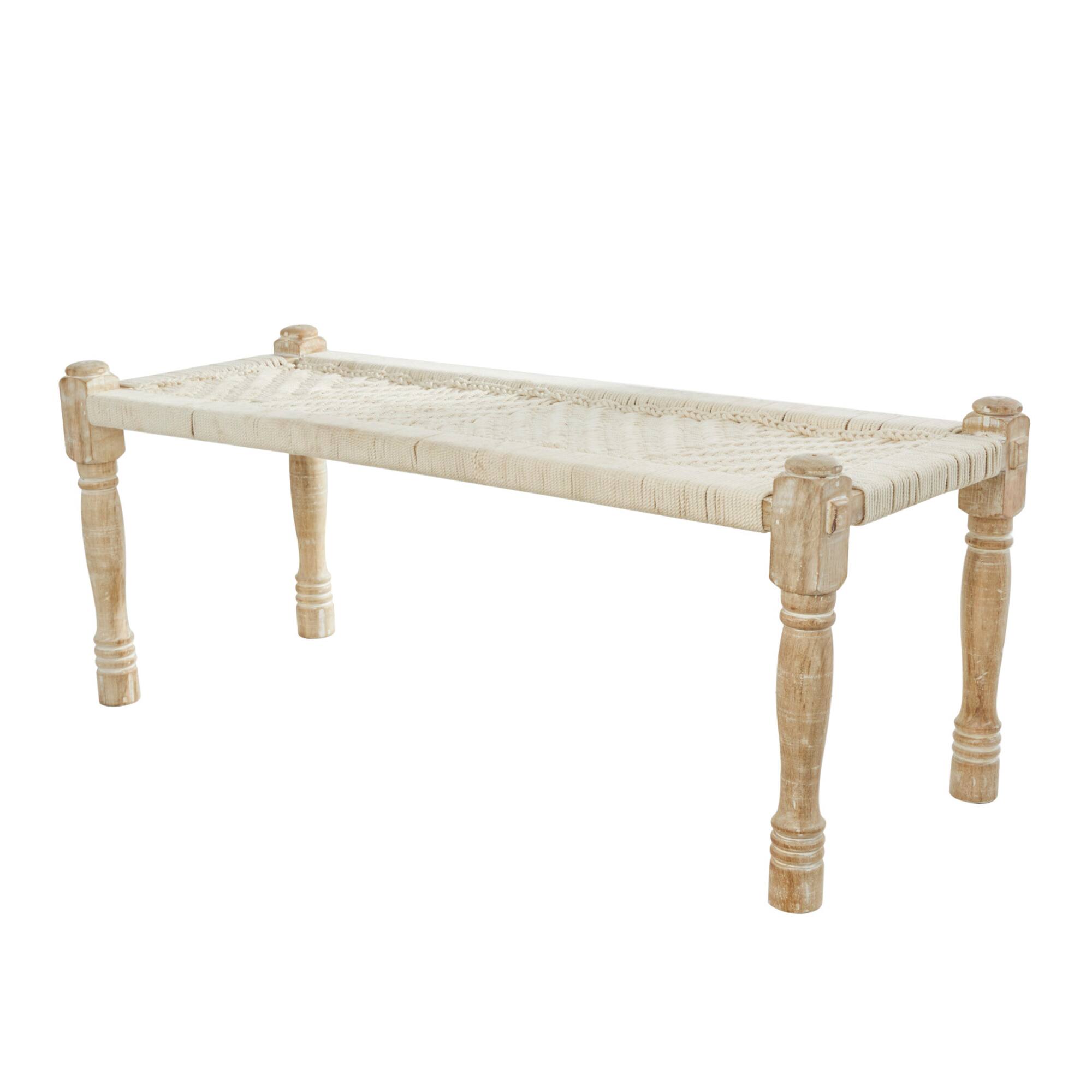 Beige Cotton Handmade Woven Chevron Bench with Mango Wood Legs